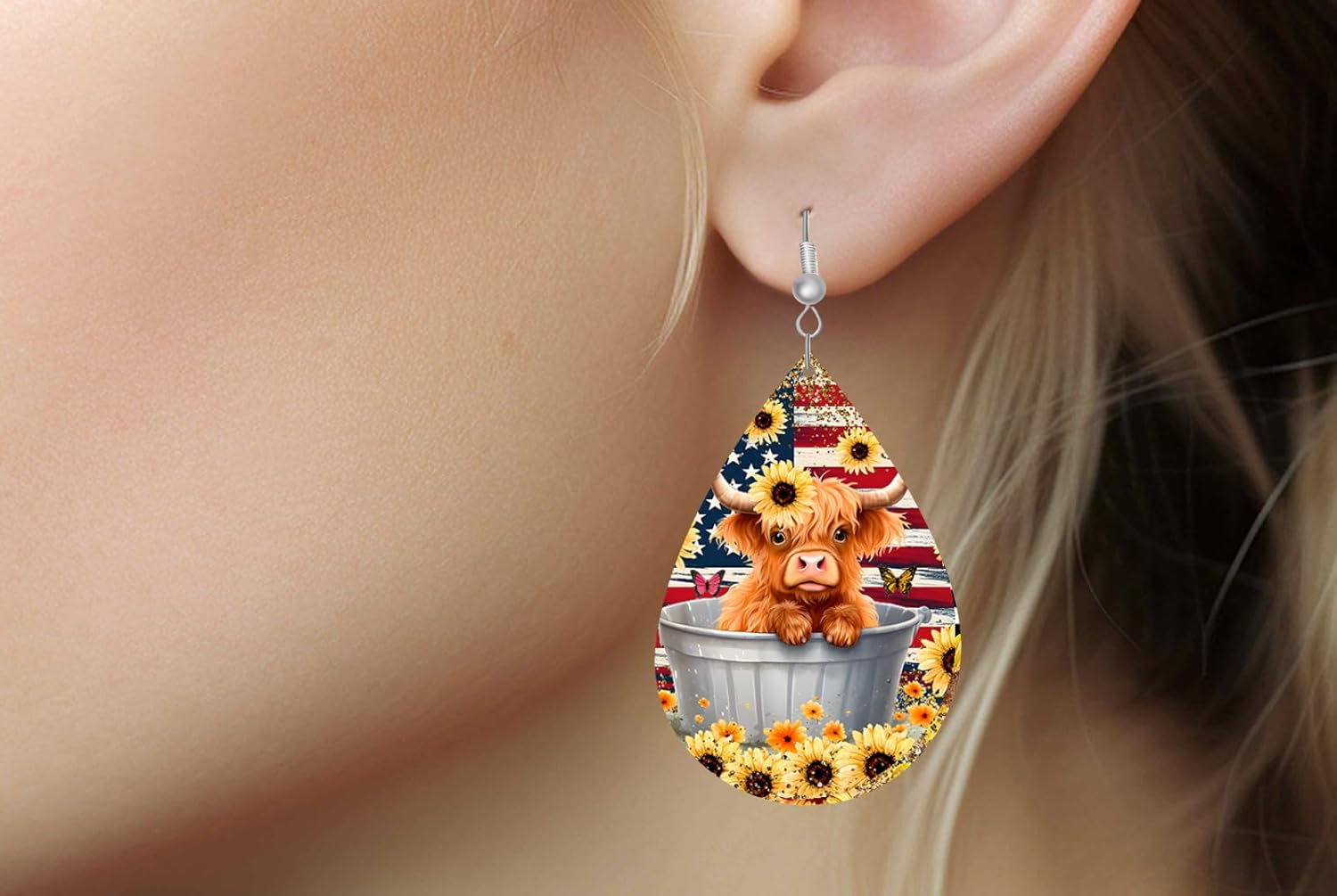 American Flag Highland Cow Earrings, Yellow Sunflower Cow Dangle Earrings, Patriotic Cow Earrings - Image 2