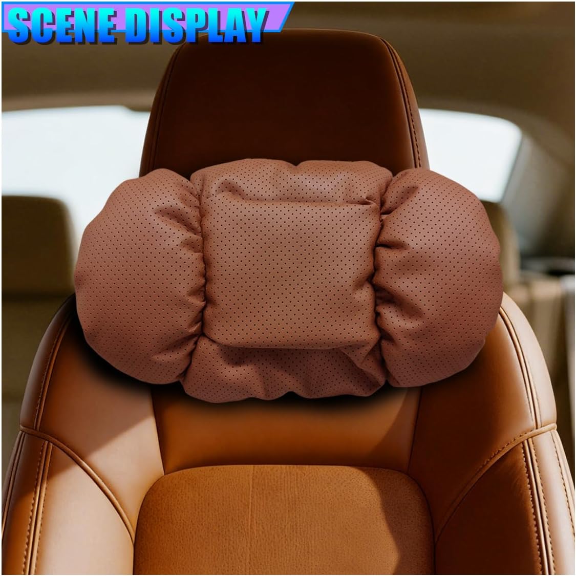 Craedli Car Headrest Neck Pillow for Driving, Napa Leather Ergonomic Comfortable Vehicle Seat Neck Support Cushion, Soft Cotton Core Breathable Headrest Car Pillow for Most Sedans, Trucks, SUVs(Brown)