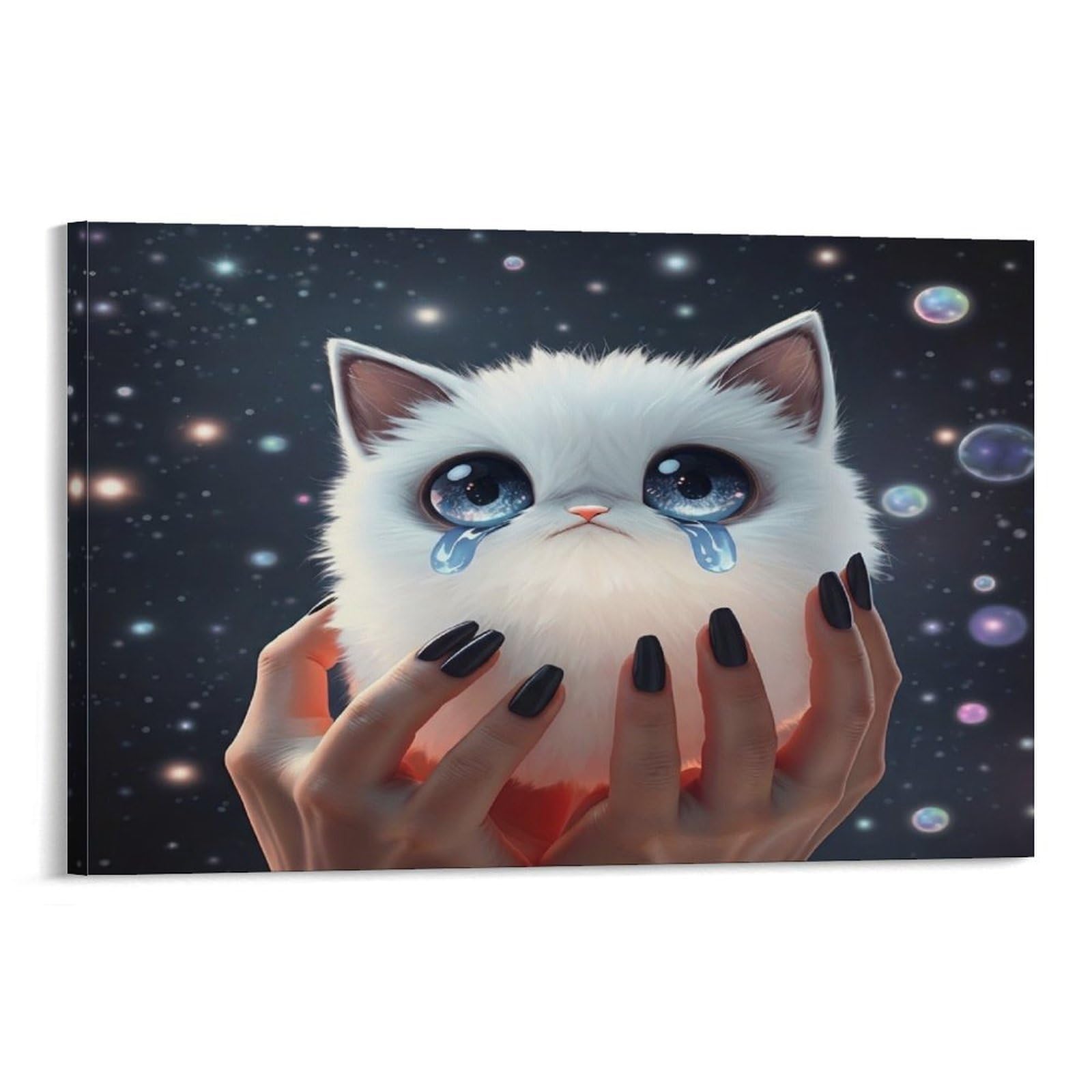 CPLVKWRQJ Crying Cat in Space Single Crying Fluffy White Cat Canvas Wall Art - Housewarming Gift Living Room Focal Point Ready to Hang Decor 16x24inch(40x60cm)