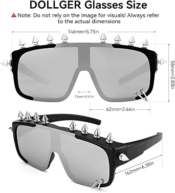 Dollger Y2K Punk Rock Sunglasses with Unique Long Rivets, Goth Steampunk Mirror Oversized Square Frame, Cool Festival Cosplay Eyewear for Women and Men
