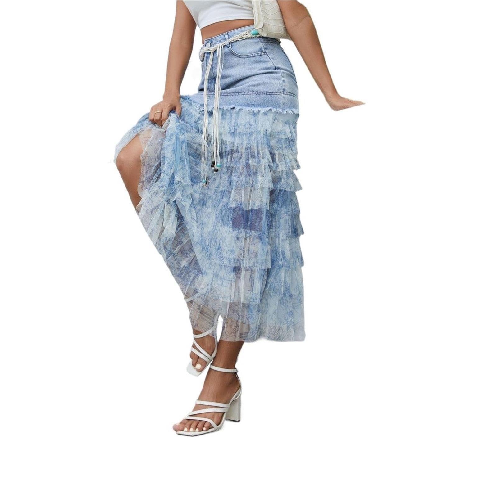 Gonna in Denim da Donna, Mini a Strati in Rete con Ricamo Floreale