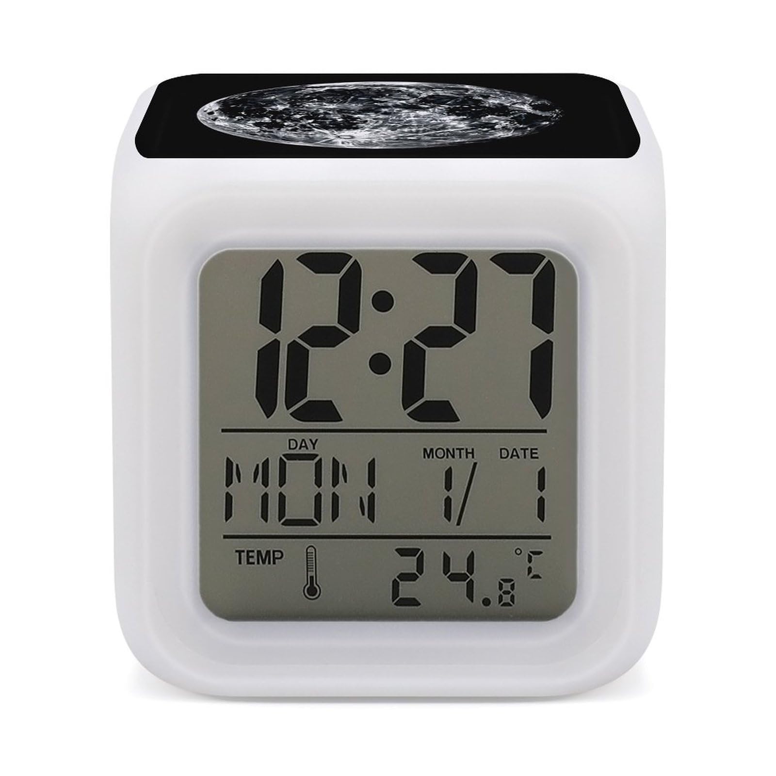 FekiLoot Moon Alarm Clock for Heavy Sleepers Wake Up Digital Clock with 7 Color Changing Night Light Super Loud Digital Alarm Clocks Small Machine Alarm Clocks