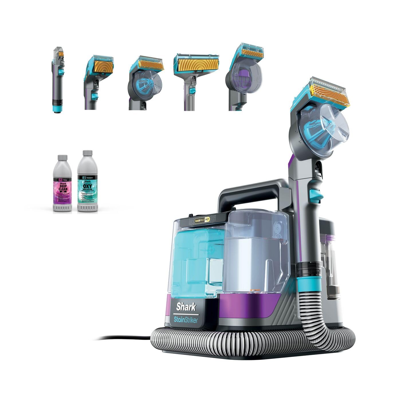 Shark StainStriker HairPro Pet Fleckenreiniger, 450 W Saugkraft, Anti-Clog-Tierhaarextraktor, entfernt hartnäckige Flecken & Gerüche, leicht & tragbar, inkl. 4 Aufsätze und 2 Reinigungsmittel PX250EUT