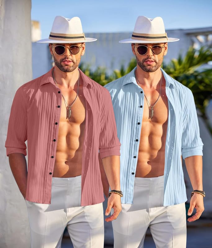 Image of FINIVO FASHION Men's Cotton Blend Shirt Set Lightweight, Full Sleeves, Plain Texture, Button Closure, Summer Ready (Pack of 2)