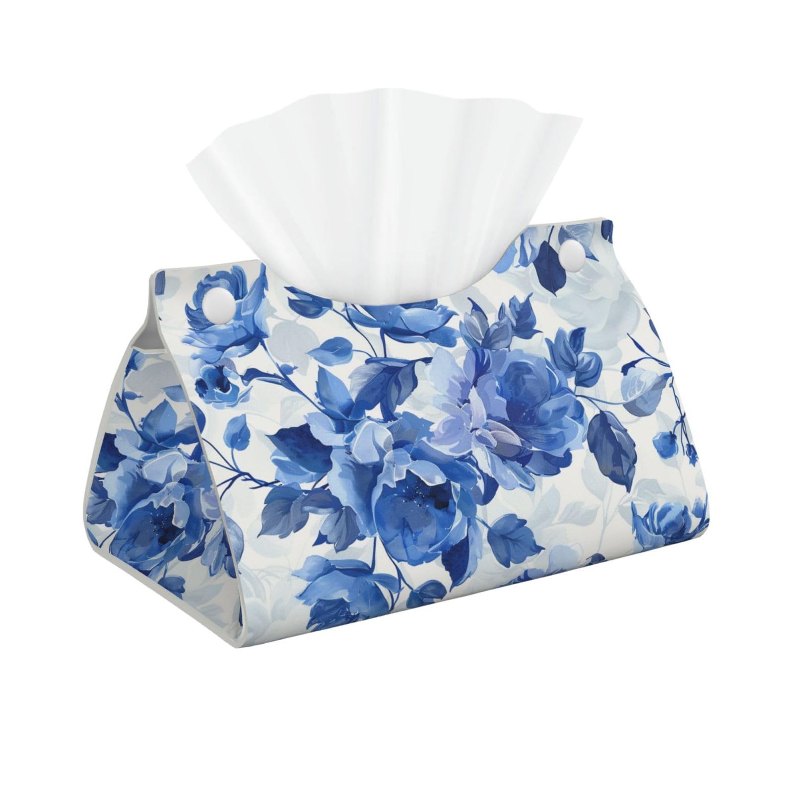 Blue Flower Floral Pattern Roses Print Tissue Box Cover Foldable Tissue Storage Box Leather Tissue Cube Box Holder for Living Room Bedroom Office Car Home Decor