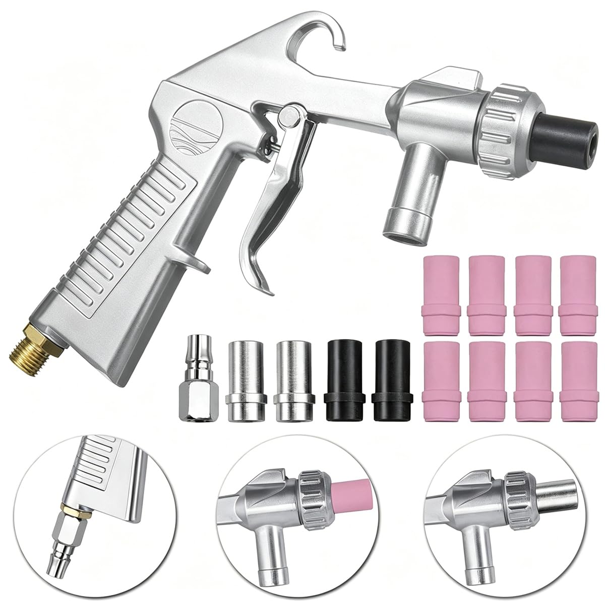 Juego de Pistola de Chorro de Arena con Manguera de Goma de 1M con Boquillas de Diferentes Calibres, Boquilla de Conexión de Aire para Chorro de Arena