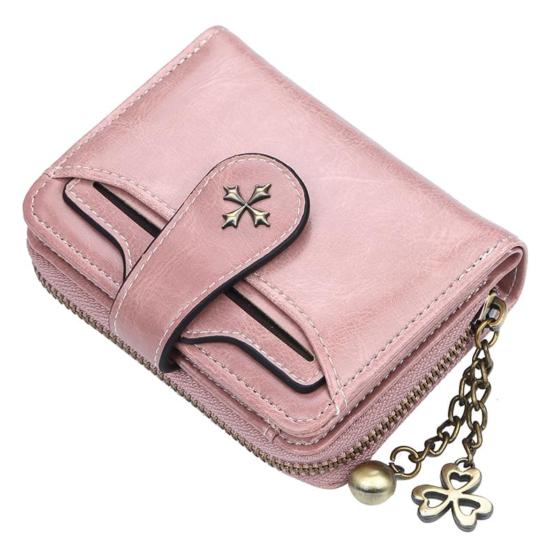 Small Wallet for Women Mini Leather Cash Wallets Zip Bifold Goth Purse Vintage Wallet Grunge Coin Pocket (Pink)