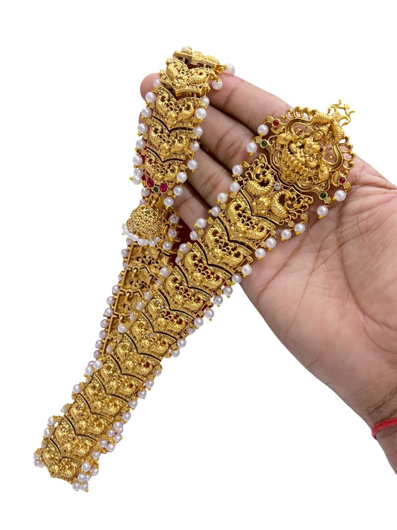 Seyon Gold Colour Plain White Pearl Hangings Long Jada Billai For Hair-image-39