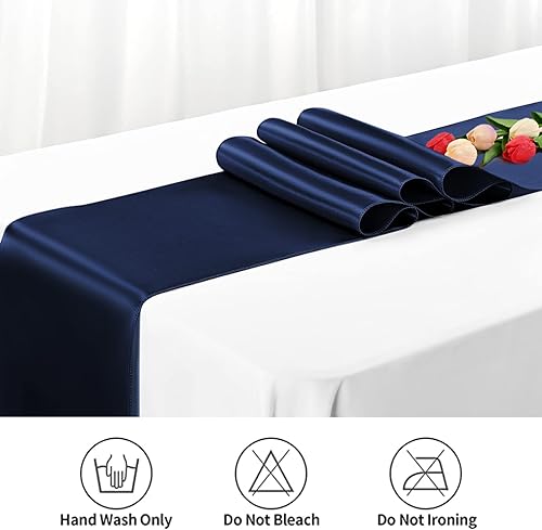 Miniatura 9 de Paquete de 12 caminos de mesa de satén azul marino, 12 x 108 pulgadas de largo, suave de alta calidad para bodas, banquetes, cumpleaños, fiestas,