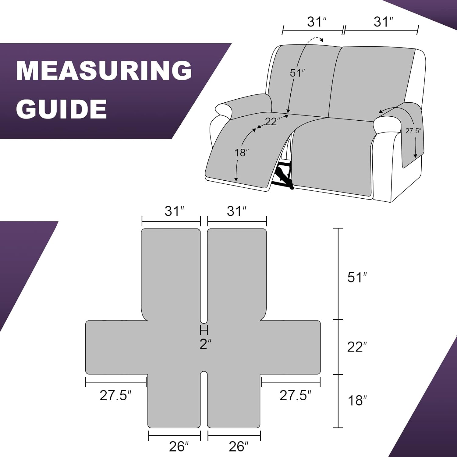 MeilleMaison Recliner Sofa Slipcover Couch Covers for 2 Cushion Couch, Washable Furniture Protector for Kids, Dogs, Pets (2 Seater, Grey/Beige) (MMCLKR02C1)