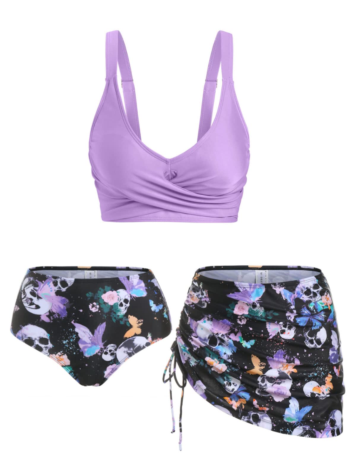 DRESSFOWomen's High Waisted Bikini Sets with Cover Up Skirt 3 Piece Gothic Skull Swimsuit Padded Tummy Control Bathing Suit