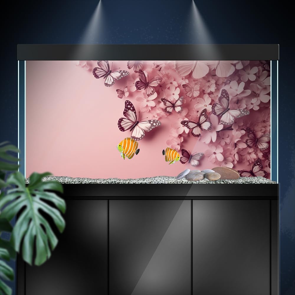 Aquarium Background Stickers - Blossom, Butterfly, Pink, Self-Adhesive Fish Tank Reptile Terrarium Decor Poster (120 x 60 cm / (47.2 x 23.6 inches))
