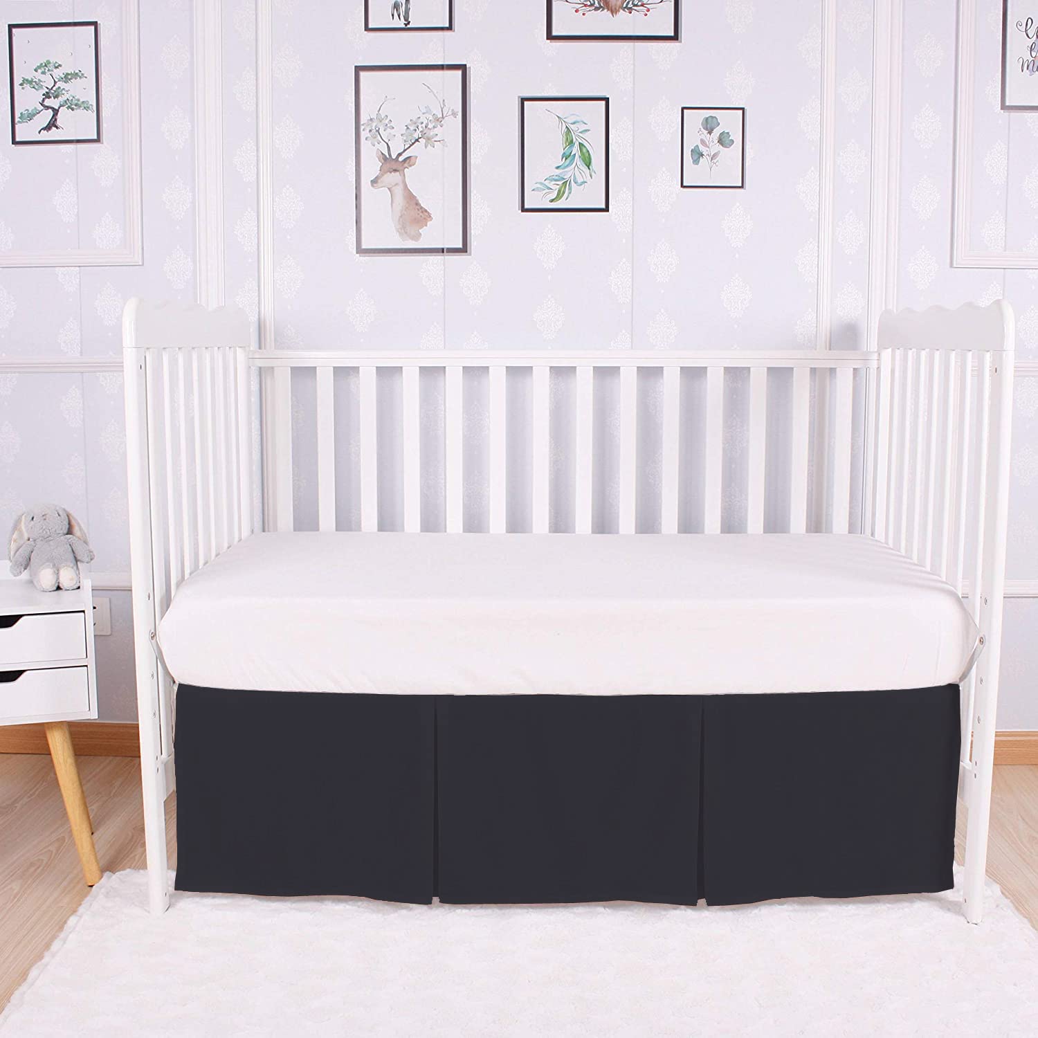 Box Pleated Crib Bed Skirt Premium 100% Cotton 800 Thread Count Nursery Crib Toddler Bedding Crib Bedskirt for Baby Boys or Baby Girls, (28" x 52") + 14" Drop Lenght - Black Solid