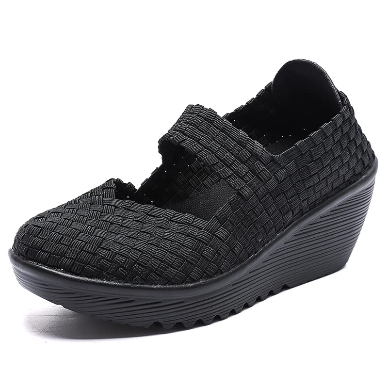 Veroders Women's Woven Elastic Platform Sandals Platform Wedge Sandals for Women Slip-On Wedge Woven Pumps Shoes 889 Black 41