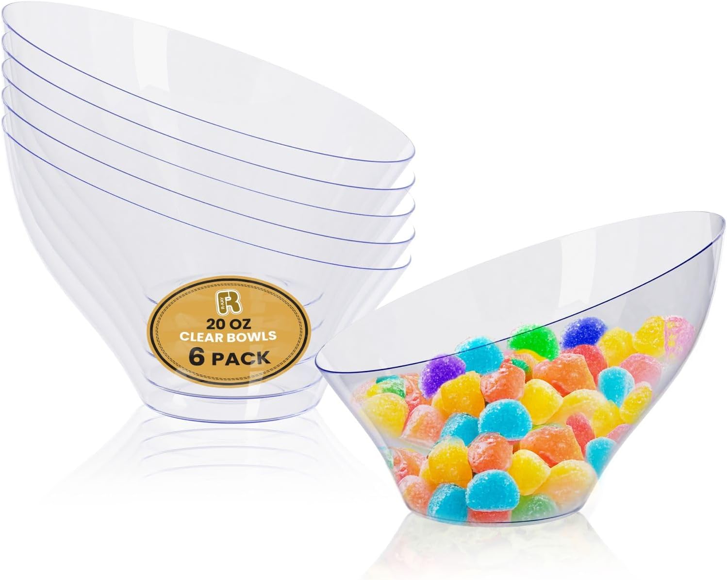 R-kay 6 Pack Angled Candy Bowls - Clear Plastic bowls 20 Oz - Premium Plastic Serving Bowls Disposable Heavy Duty For Weddings Catering, parties, And All Occasions (Clear, Medium)