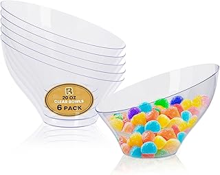 R-kay 6 Pack Angled Candy Bowls - Clear Plastic bowls 20 Oz - Premium Plastic Serving Bowls Disposable Heavy Duty For Weddings Catering, parties, And All Occasions (Clear, Medium)