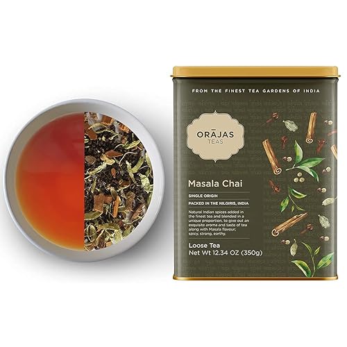 Orajas Masala Chai - Té antioxidante de hojas sueltas Té chai especiado auténtico y original Canela cardamomo clavo jengibre seco pimienta negra