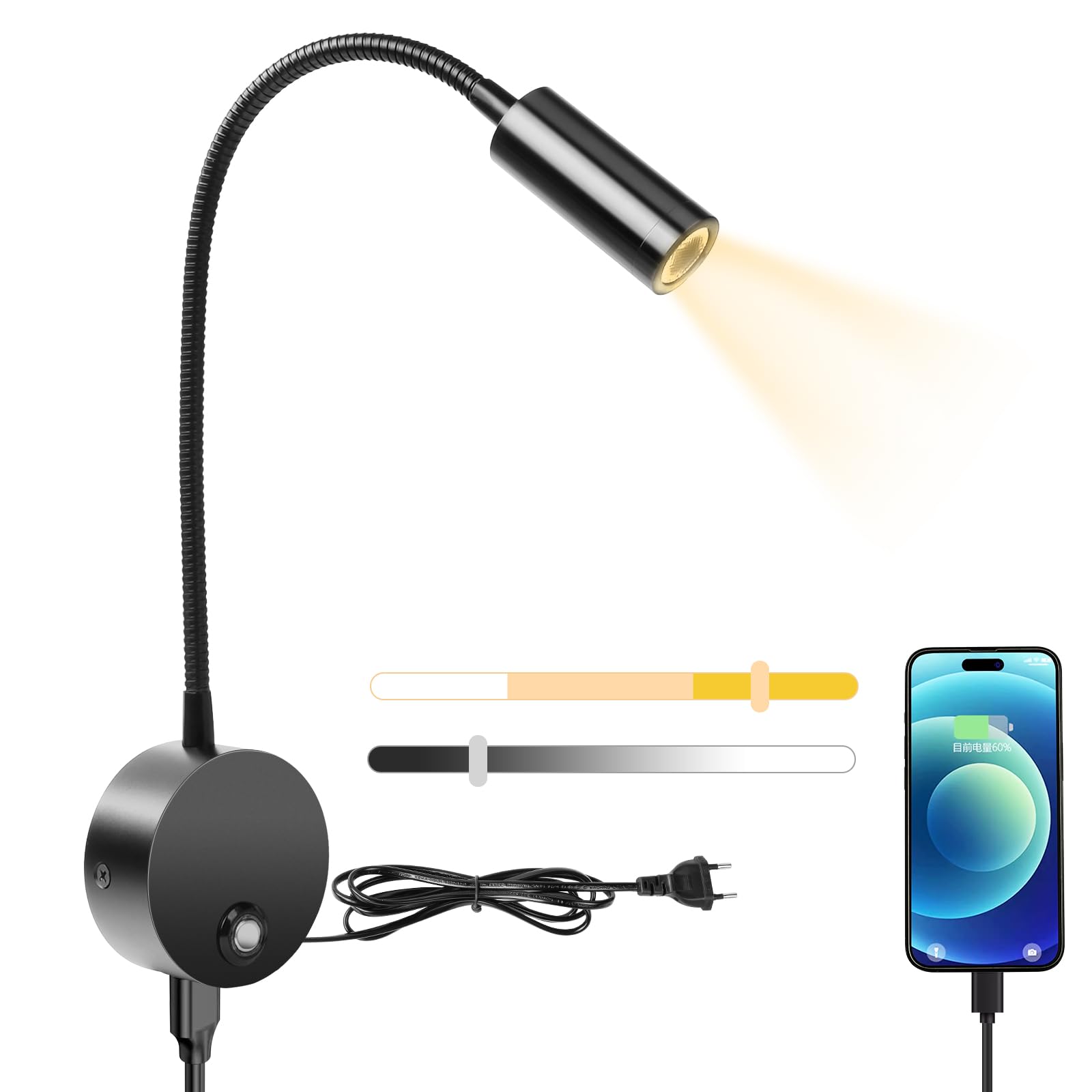 HOTUT Lampe de lecture murale, LED Col de Cygne Lumière avec interrupteur tactile et port de chargement USB,Liseuse murale, lampe de lecture à intensité variable, Applique Liseuse Orientable à 360 °