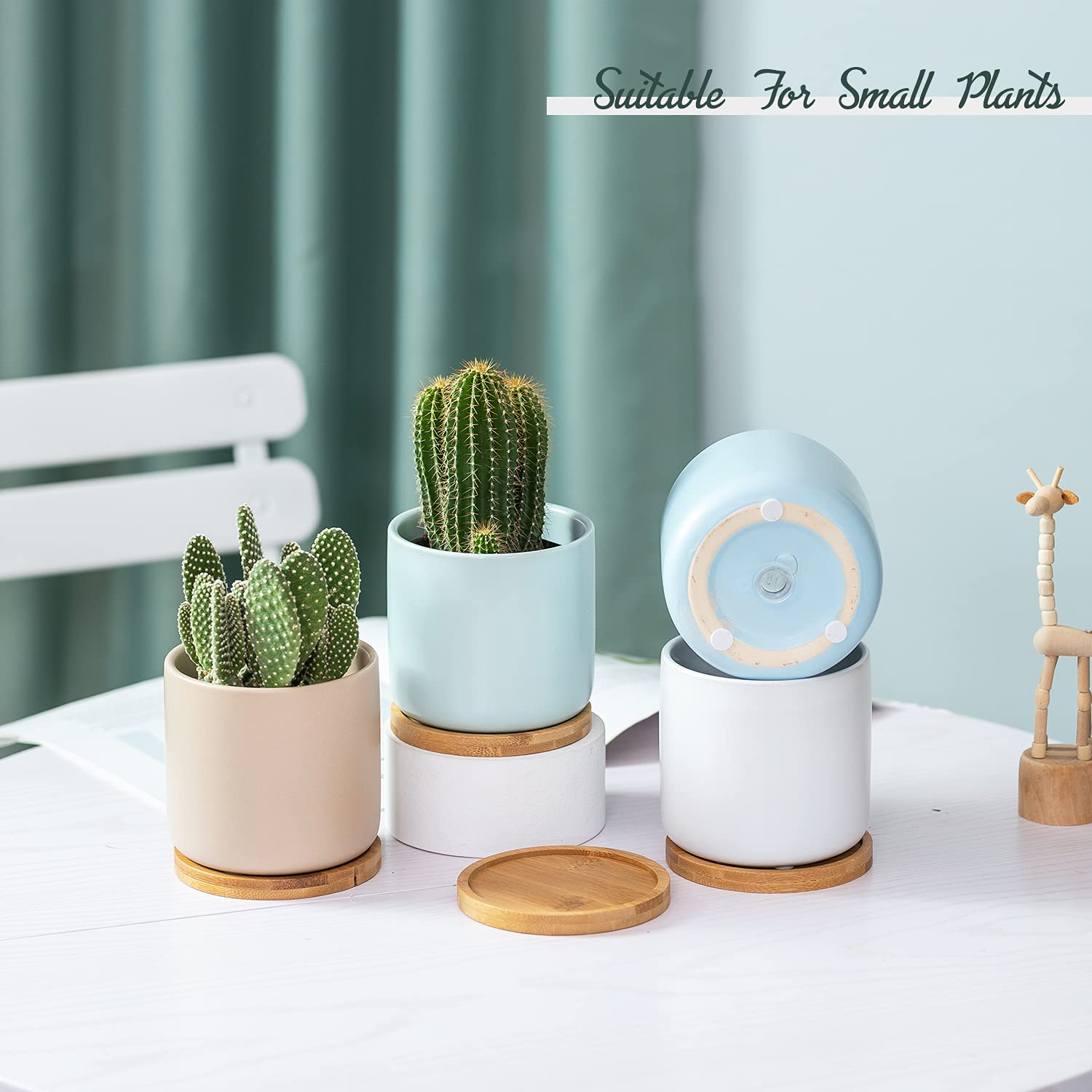 Keramik-Blumentöpfe mit Ablaufloch und Untersetzer, kleine, moderne Blumentöpfe mit Tabletts für Sukkulenten, Kakteen und Kräuter, Morandi-Farben, 4 Stück | Entwässerungsloch und Untersetzer, kleine moderne Blumentöpfe für Sukkulenten, Kakteen und Kräuter