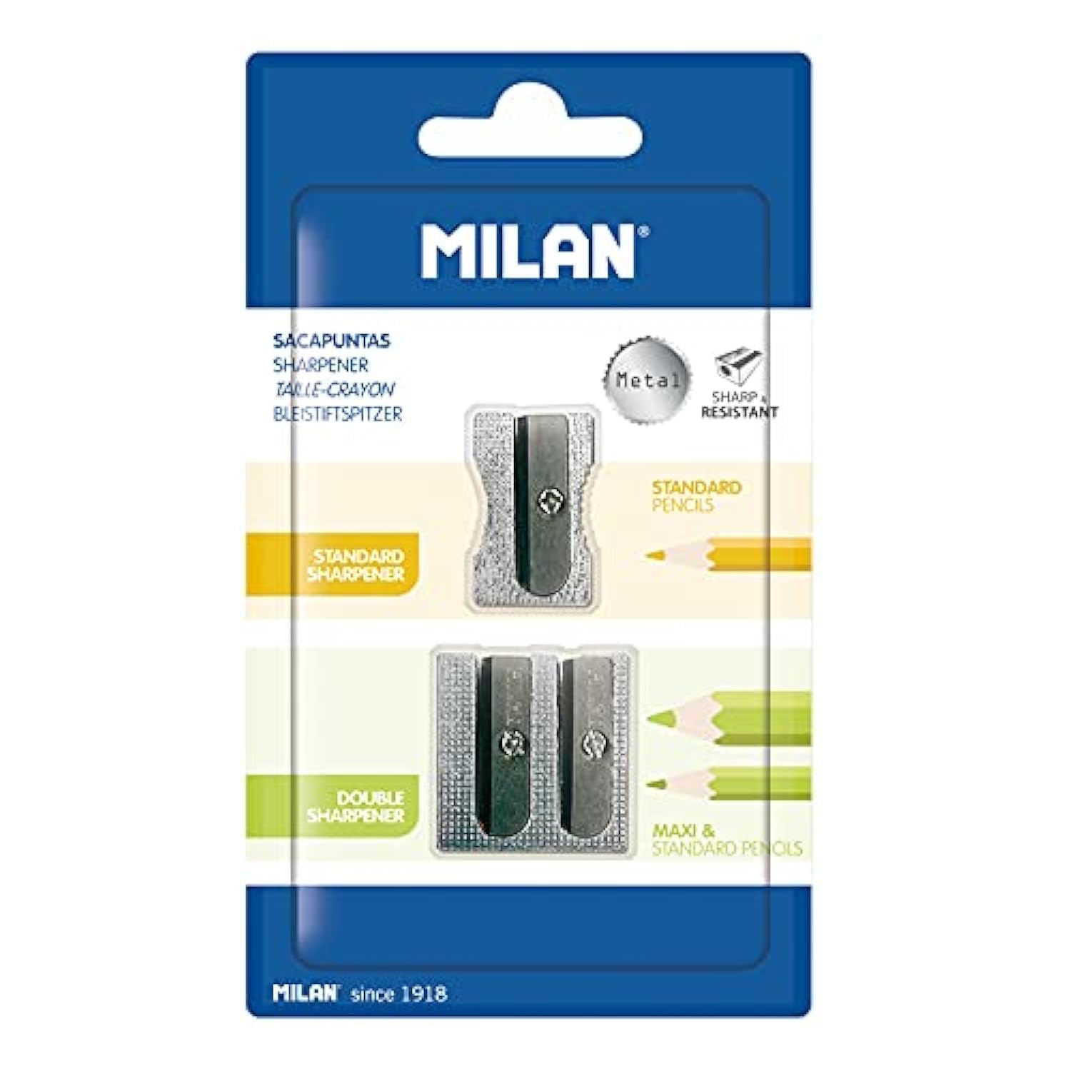 Milan 64056 Aluminium Pencil Sharpener, Pack of 2, Silver