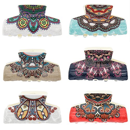 Carede Boho Retro Pattern Hair Claw Clip Classic Acrylic Women Girls Hair Jaw Clip Hair Clamp Hair Accessories,Pack of 6