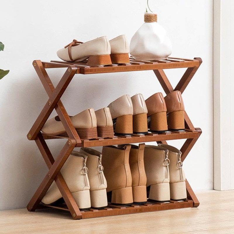 Gelory Bamboo Folding Shoe Rack,Portable Wooden Shoe Storage Rack,Without Installation Small Shoe Rack Perfect for Corridors, Bedrooms and Small Spaces (Brown-3 Tier)