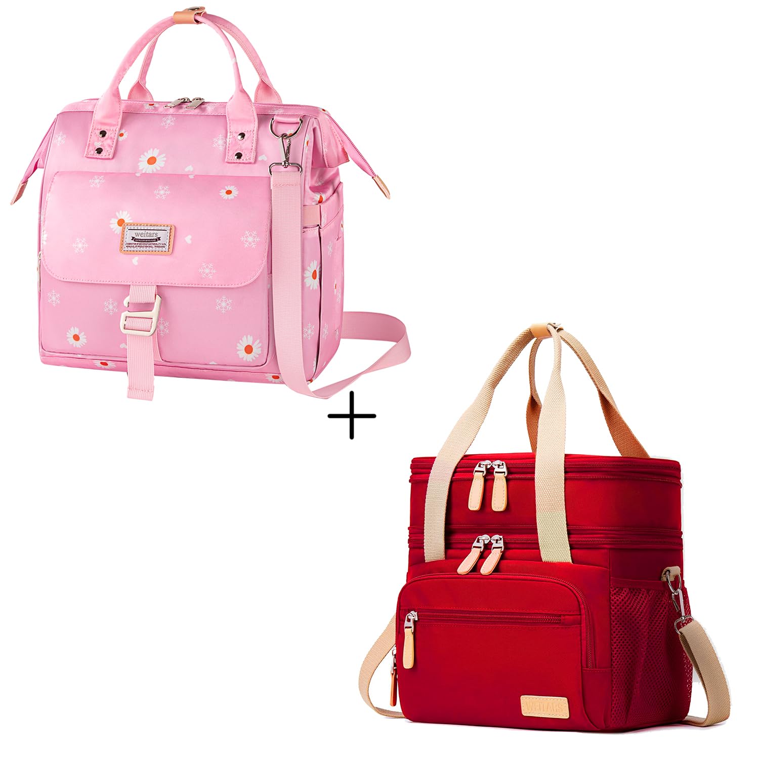 Weitars 21033 Dual Compartment Lunch Bag/Red 21008 Lunch Tote Bag/Pink