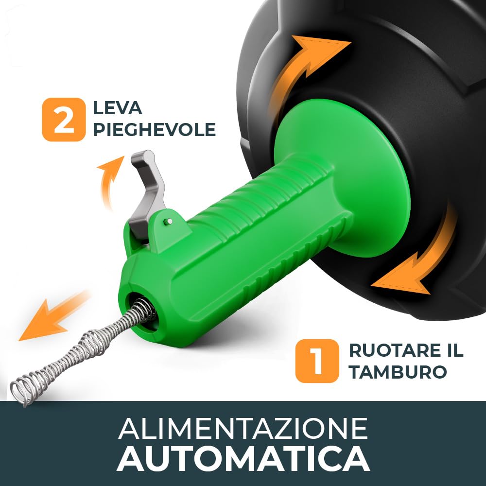 Meisterfaktur Sonda Sturatubi per Pulizia [15M] - Funzione Automatica - Molla Stura Tubi Ideale con Alimentazione Automatica - Sonda Idraulica Stura Lavandini e Scarichi per Amanti del Fai da Te!