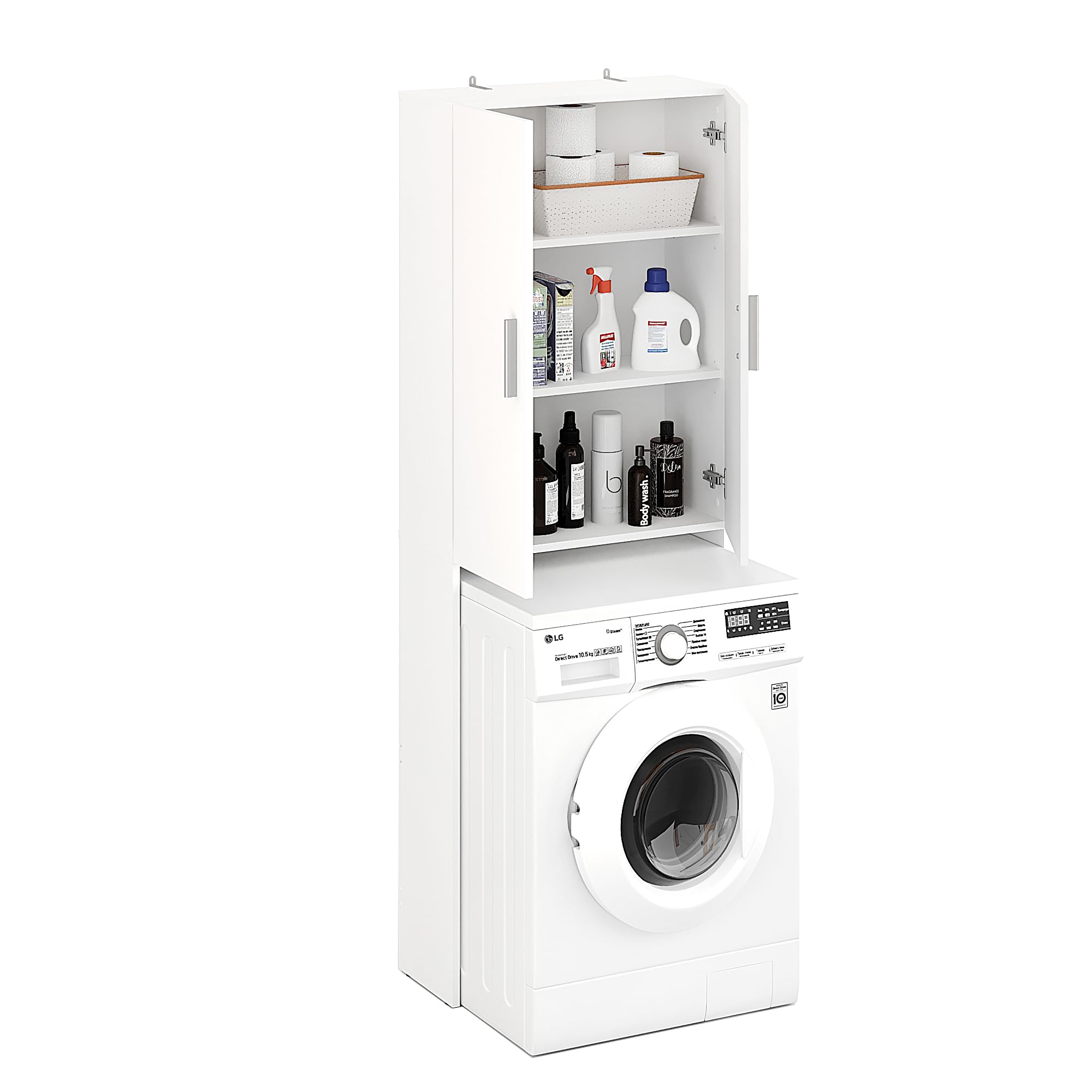 Komto Gizmo Meuble Machine à Laver – Blanc, Meuble Salle de Bain Rangement, Armoire au-Dessus du Lave-Linge, Armoire pour Machine à Laver | 65 x 180 x 27 cm (LxHxP)