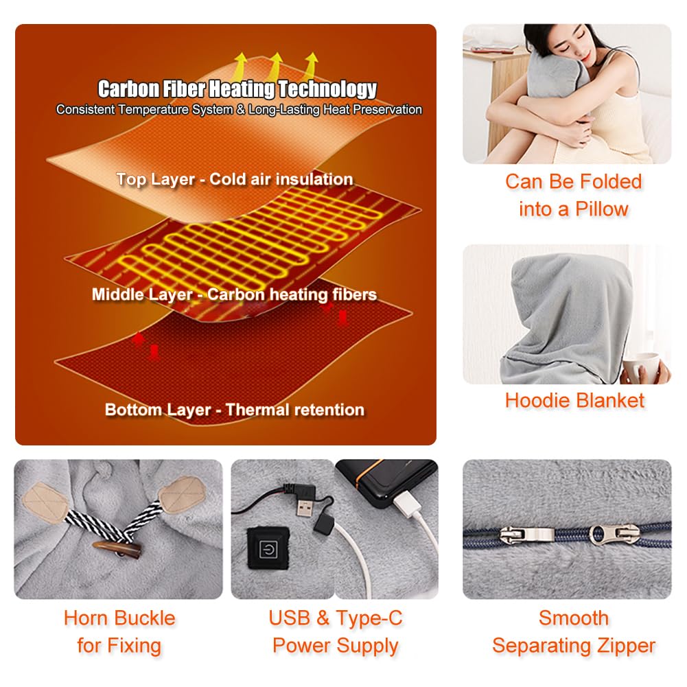 Woolala Coperta indossabile con cappuccio riscaldata USB 3 impostazioni di riscaldamento, lavabile in lavatrice, portatile, calda, morbida flanella, scialle riscaldata elettrica, per donne, uomini