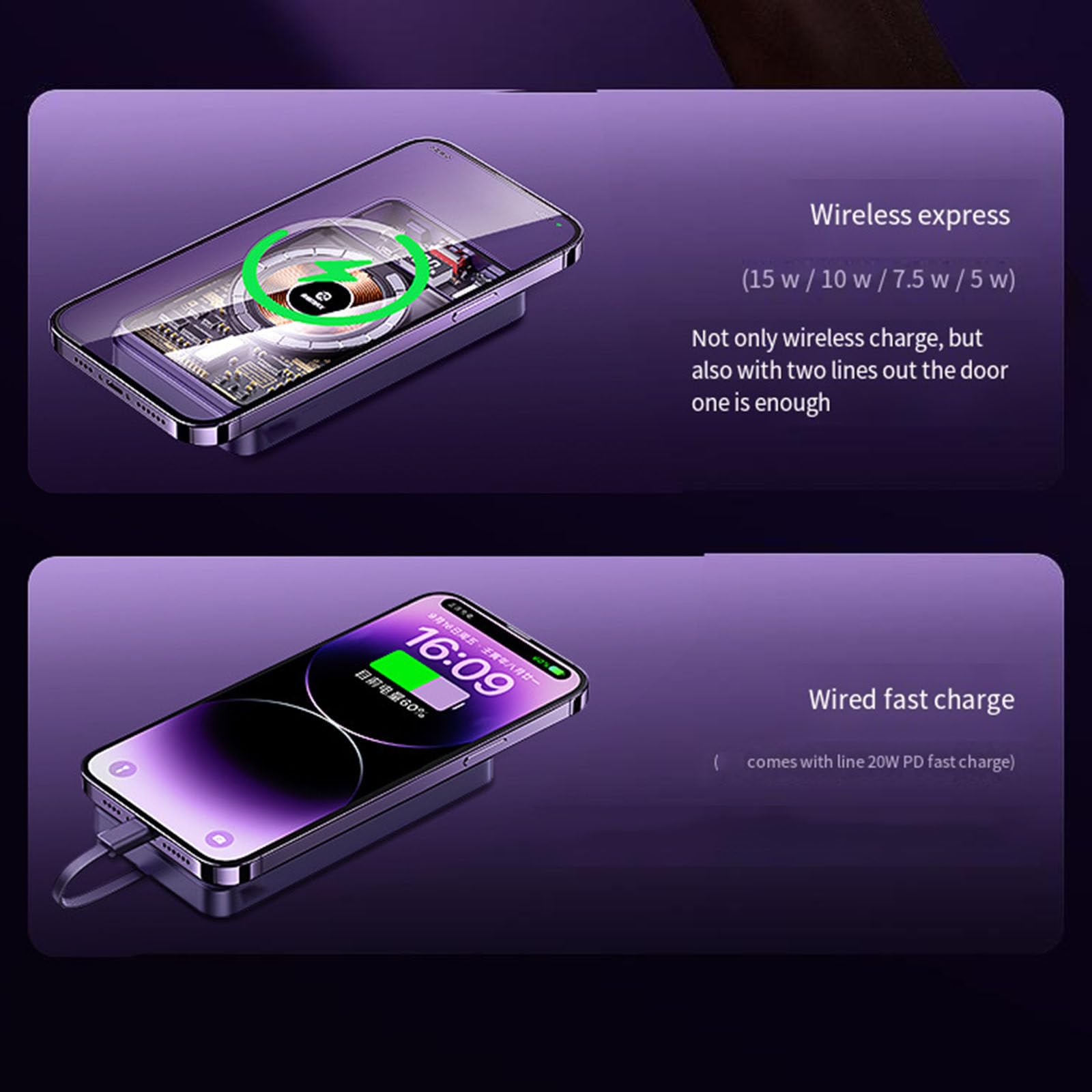 Power Bank, ricarica wireless magnetica integrata da 15 W, 10000 mAh, può caricare 5 dispositivi contemporaneamente,A