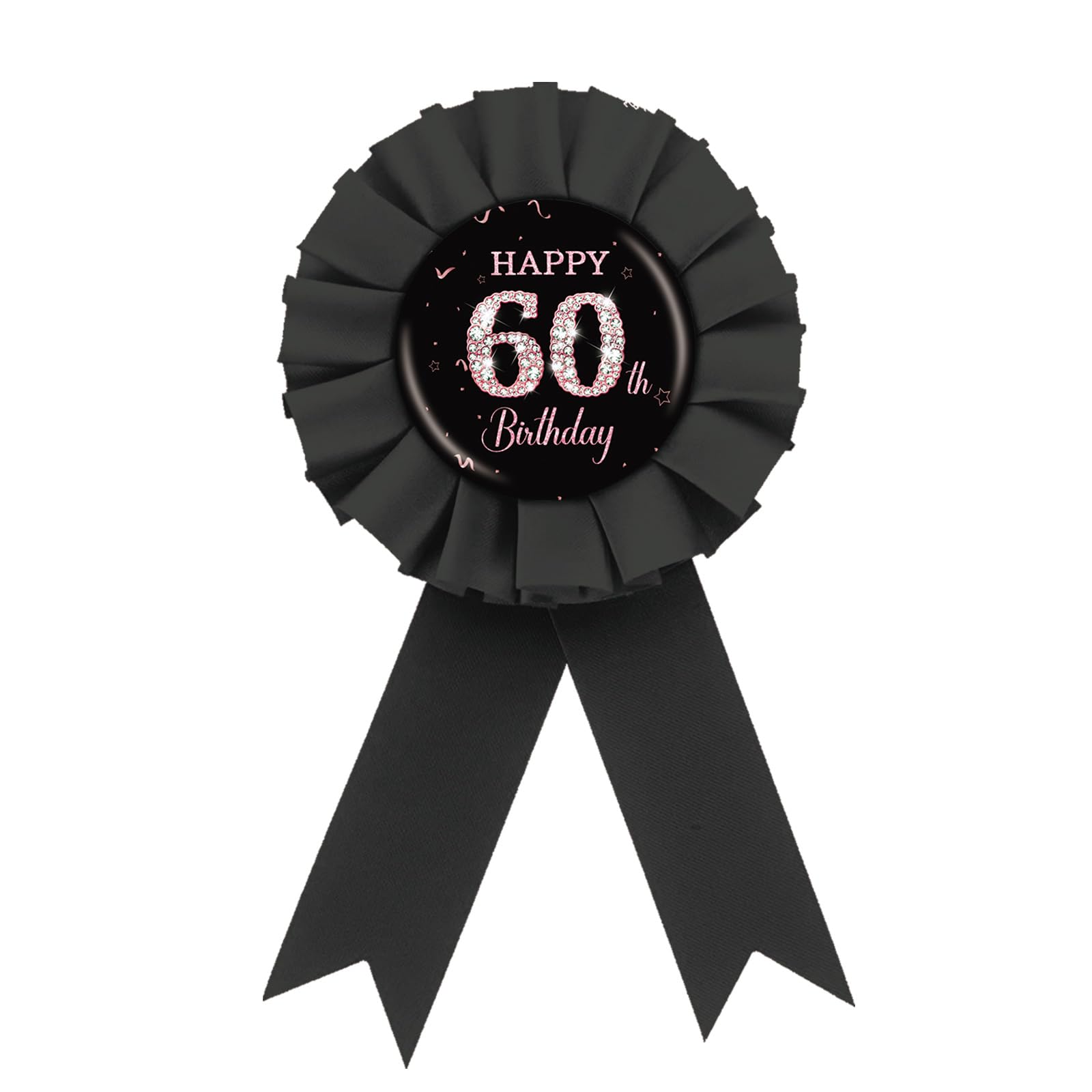 PINKAAJ Black Happy 60th Birthday Tinplate Badge Pin, Black Rosette It's My 60th Birthday Button, Diamond 60th Birthday Award Badge Pin, Sixty Years Old Birthday Party Decorations