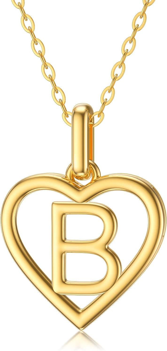 14K Solid Gold Heart Initial Necklaces for Women, Real Gold Heart Pendant Letter A Alphabet Necklace Jewelry Gift for Her, 18" Gold Adjustable Chain