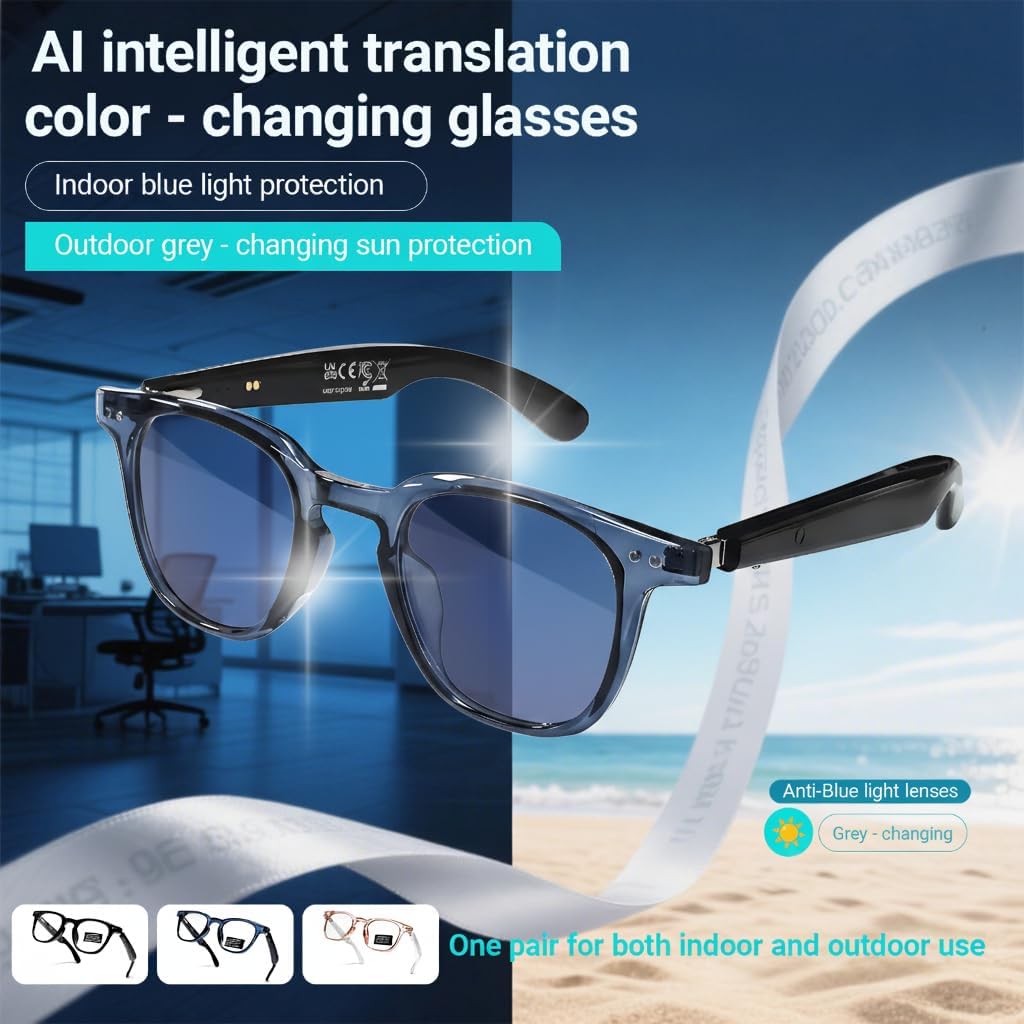 ai smart glasses with open ear speaker, 5.4 bluetooth,voice assistant compatible,real-time translation,auto color-changing lenses for business&outdoor activities. shiny blue v01
