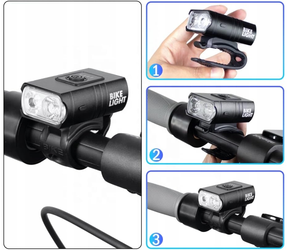 Image of USB Rechargeable LED Bike Bicycle Light with Super Bright Headlight, Waterproof Aluminum Body - Compact Black Front Light - Ideal for Night Riding, Road & Mountain Cycling