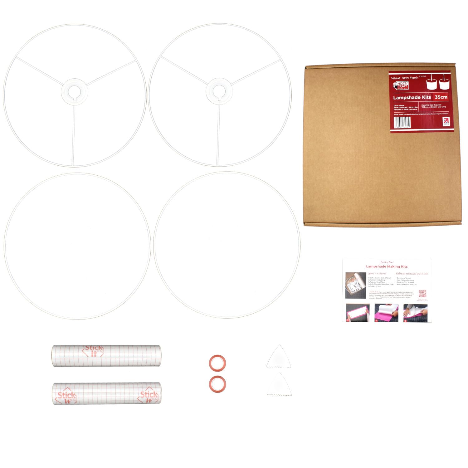 Drum Lampshade Making Kit Twin Pack - Use with Pendant Ceiling Lights, Table and Floor Lamps, Drum Circle Shape Needcraft UK DIY use with Fabric, Textile, Wallpaper of Choice. (White, 35cm)