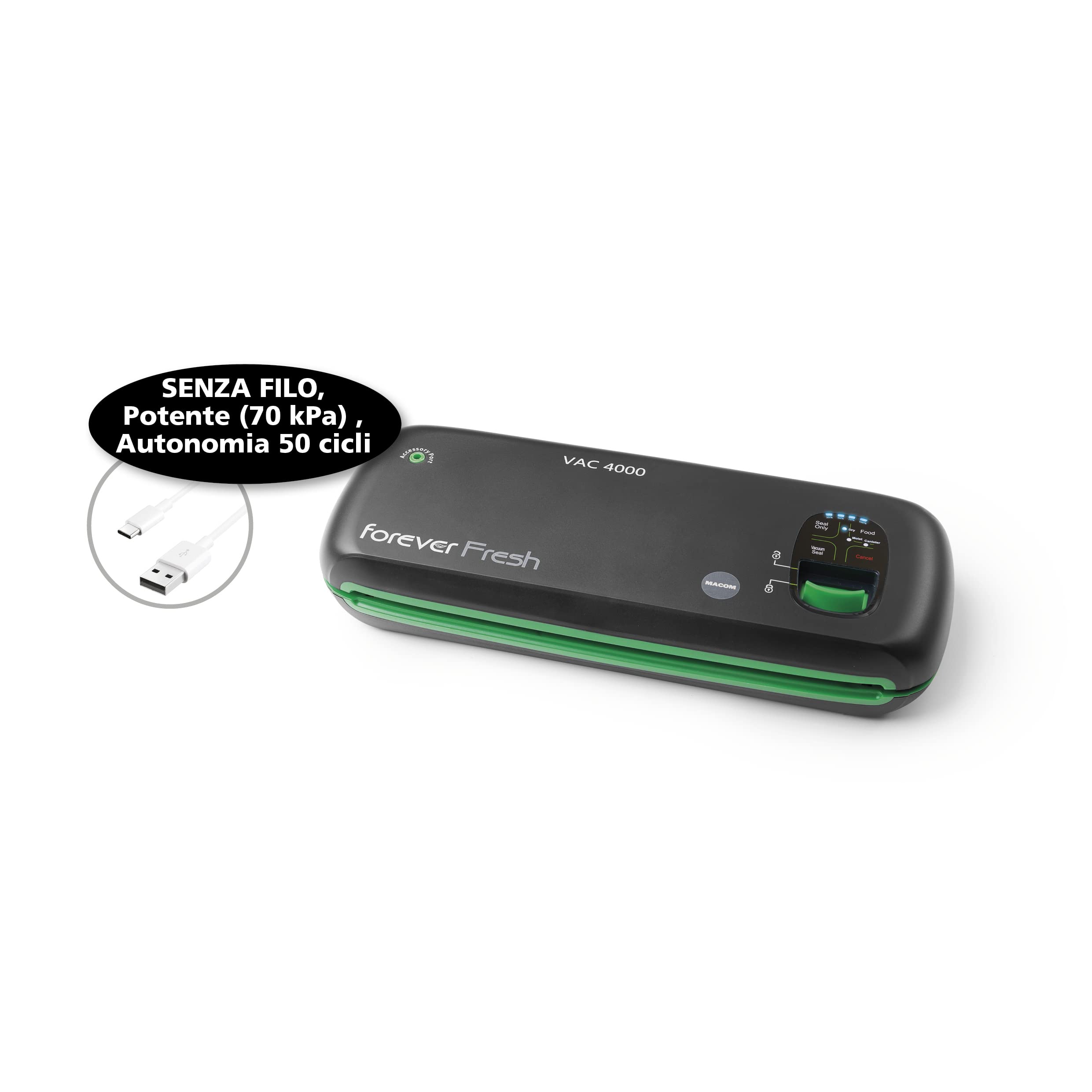 MACOM Forever Fresh VAC 4000 Potente Macchina sottovuoto Cordless con barra sigillante da 28 cm, Nero E Verde