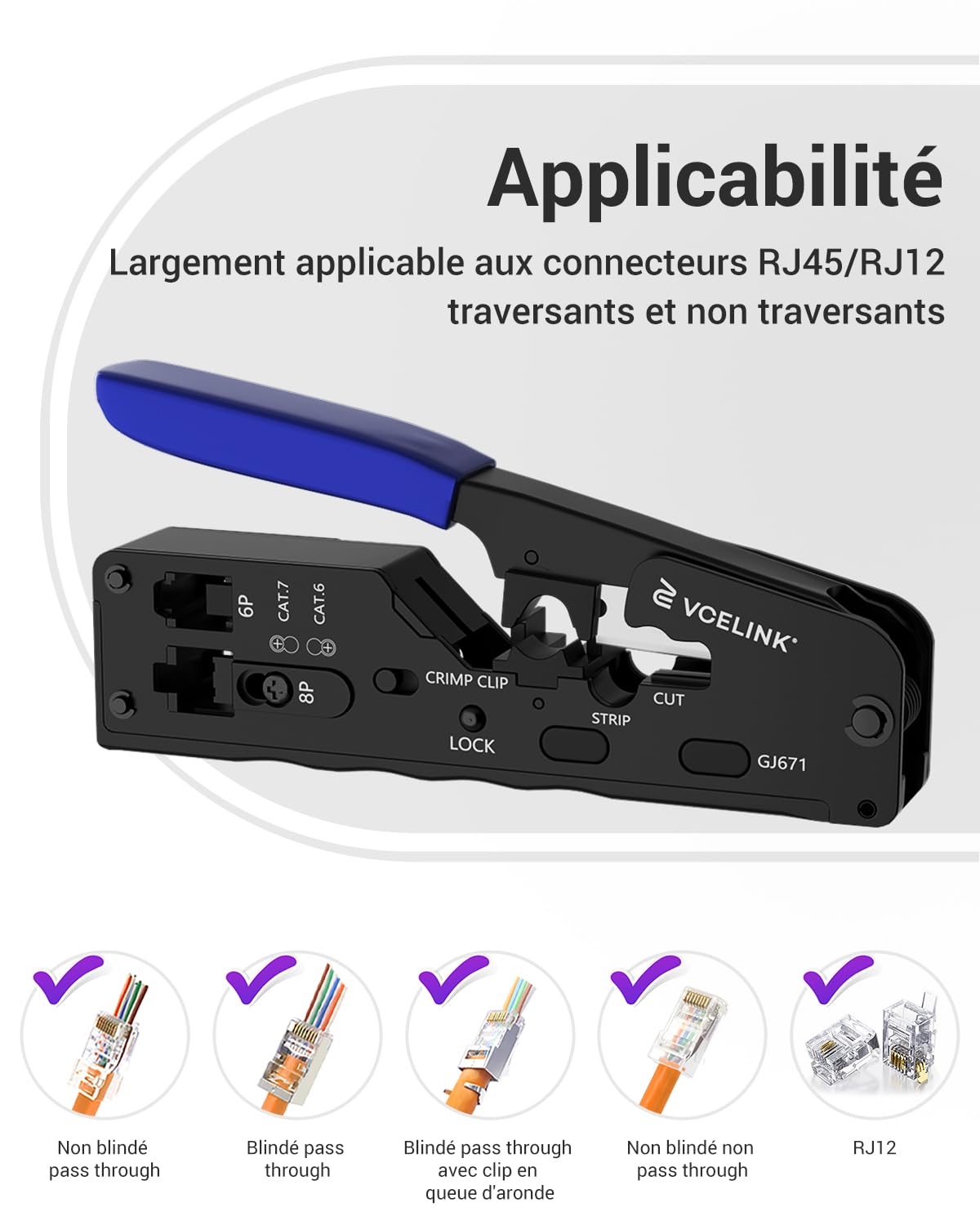VCELINK Professionnel Network d’installation Kits, Pince à Sertir RJ45 avec 20 Connecteurs RJ45 Cat7/Cat6a Pass Through, Testeur RJ45, Mini Pince à dénuder Pour, RJ45, Sac en Tissu