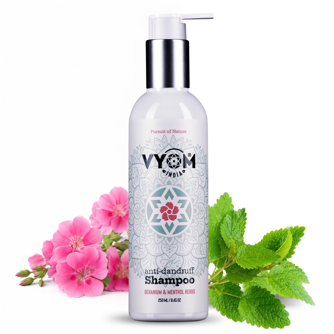 Vyom India Anti Dandruff Shampoo for Men and Women, Geranium & Menthol Herbs, Removes Dandruff Flakes & Hydrates Scalp, 2-in-1 Active Conditioning, Paraben & Sulphate Free - 250ml