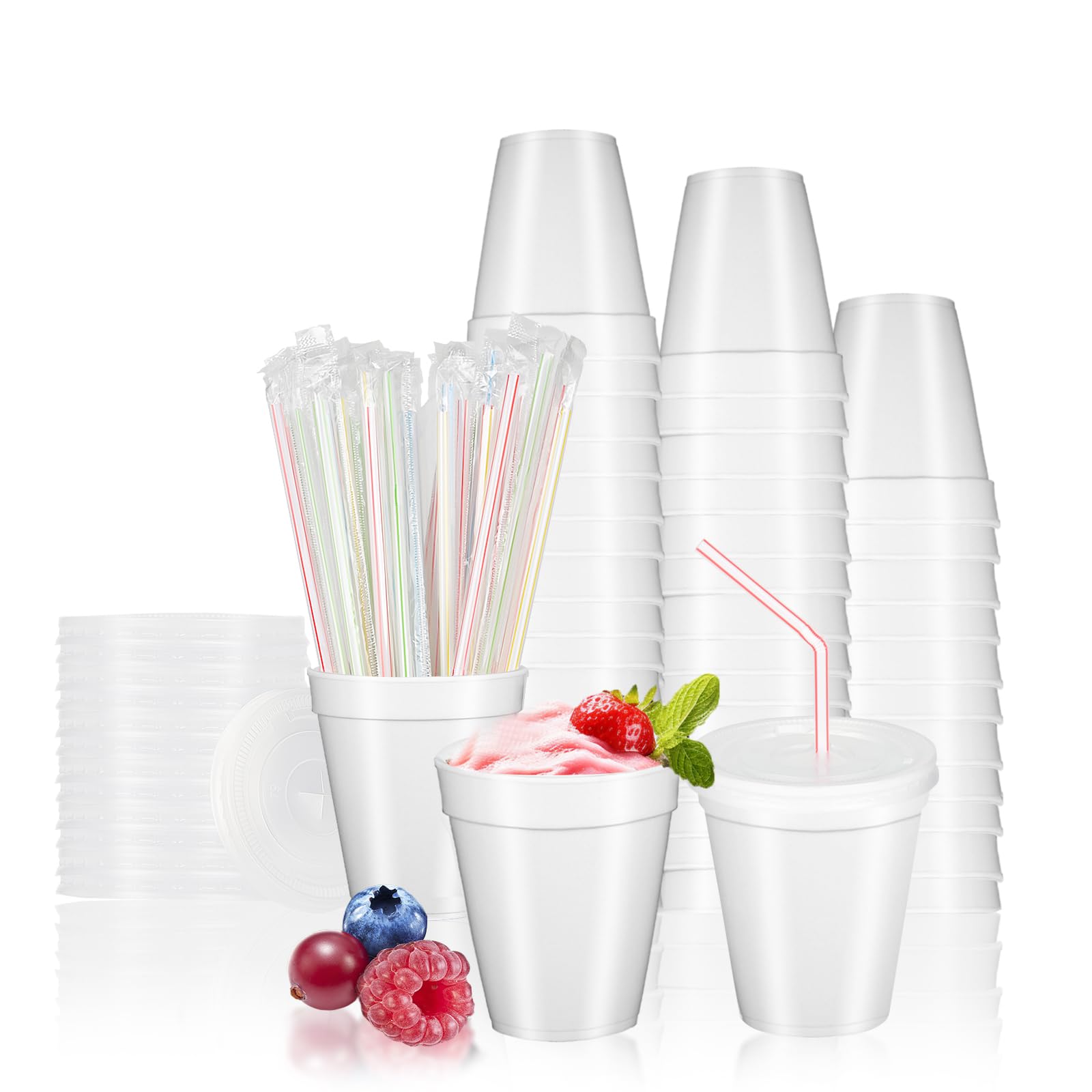 RIKICACA 8 Oz Styrofoam Cups with Lids and Drinking Straws, Disposable White Foam Cups for Hot Cold Drink Beverage, To Go Drinking Container for