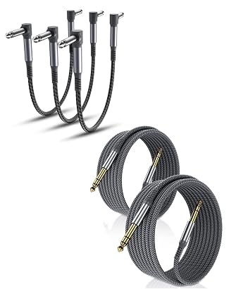 Elebase 1/4 Inch TRS Instrument Cable 10ft 2-Pack and Guitar Patch Cables 3-Pack, 12 Inch Effects Pedal Board Cable 1/4 Inch