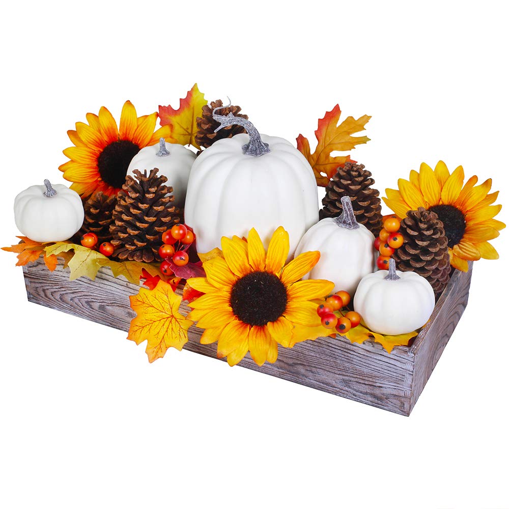 Bulk Surtido de calabazas blancas artificiales de otoño de hojas de arce artificiales en rectángulo de madera encalada en centros de centro de otoño
