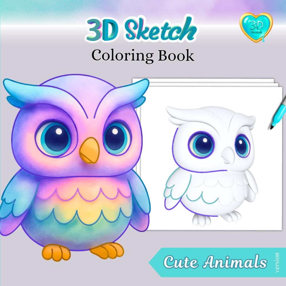 3D sketch coloring book, Cute Animals version: Draw and color easily with 50 grayscale pages, applying techniques such as line art and shading. Art ... teens and adults. (Grayscale Coloring Book)
