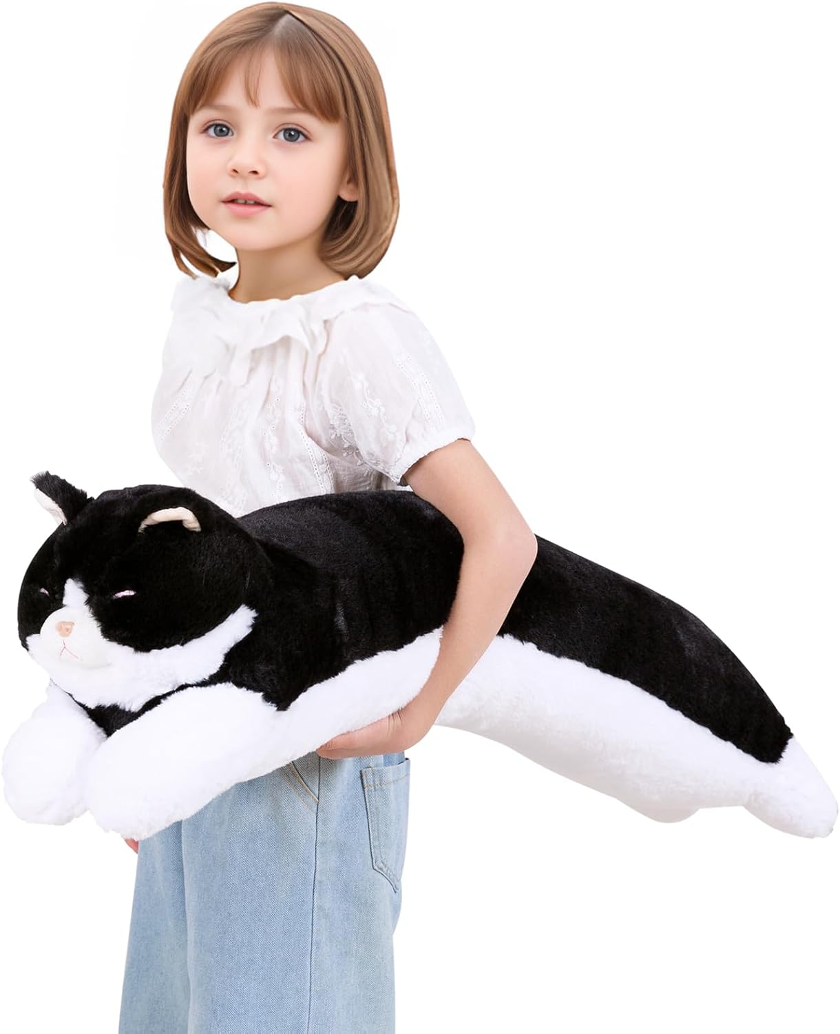 32 inch Large Stuffed Animal Cat Plush Toy, Big Long Cat Stuffed Animal Body Pillow, Black & White Kitty Stuffy Plushie Gift for Kids Boys Girls, Birthday