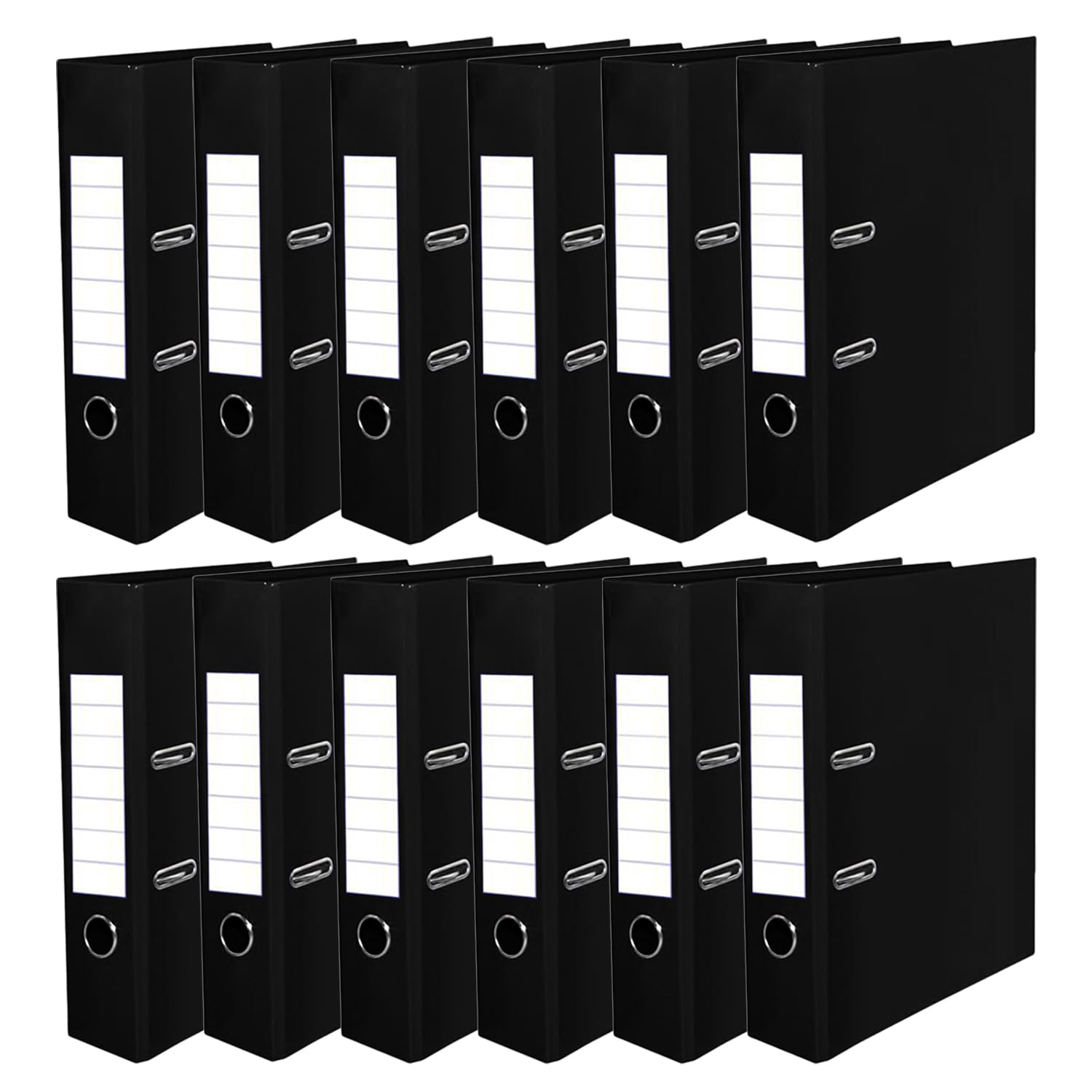 Black A4 Lever Arch File โ 75mm Spine Heavy-Duty Ring Binder Folder with Finger Pull & Plastic Cover, Large Capacity Document Organiser for Office Filing, School Work & Home Paper Storage (Pack of 12)