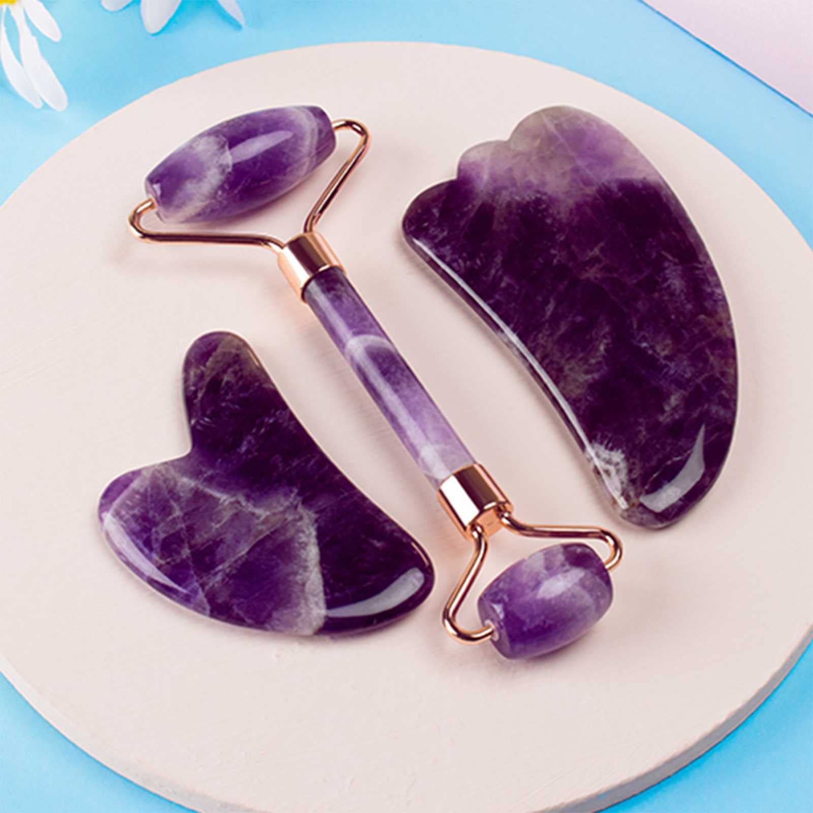 Zestaw narzędzi Gua Sha Roller do twarzy, naturalny jadeit i ametyst, do podnoszenia, napinania i pielęgnacji skóry, masaż południka i czyszczenia piegów