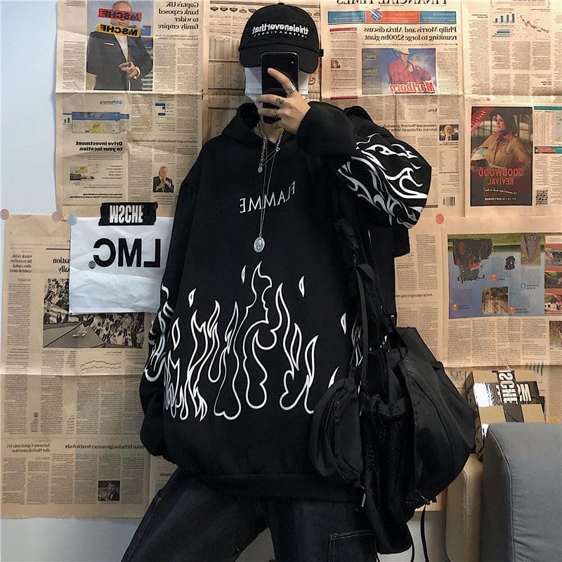 Y2k Unisex Flame Print Hoodies Casual Oversized Long Sleeve Pullovers Tops Harajuku Loose Sweatshirt for Women and Men4