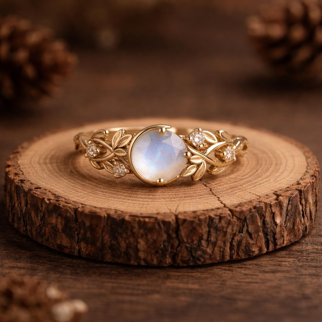Round Cut Moonstone Engagement Ring 10K Yellow Gold Nature Inspired Diamond Accent Ring Art Deco Vintage Style Handmade Promise Ring Unique Fine Jewelry Gift for Her