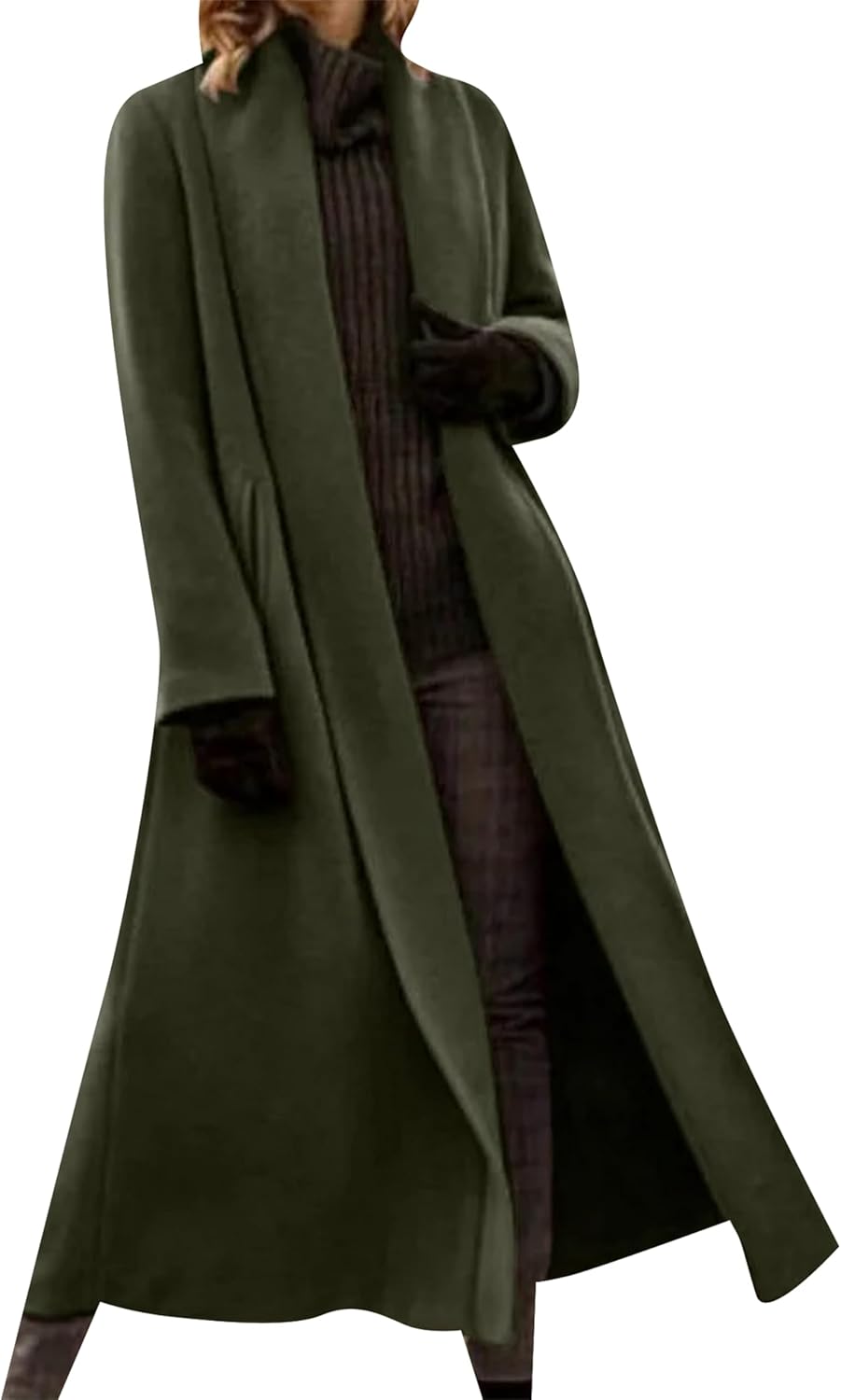 Women's Shawl Collar Work Maxi Coat Long Sleeve Wool Blend Pea Coat Fall Winter Jackets with Pockets