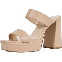 Modatope Platform Heels for Women Square Open Toe Chunky Heel Platform Sandals Two Strap Slip On Heels Wedding Party Dress Shoes